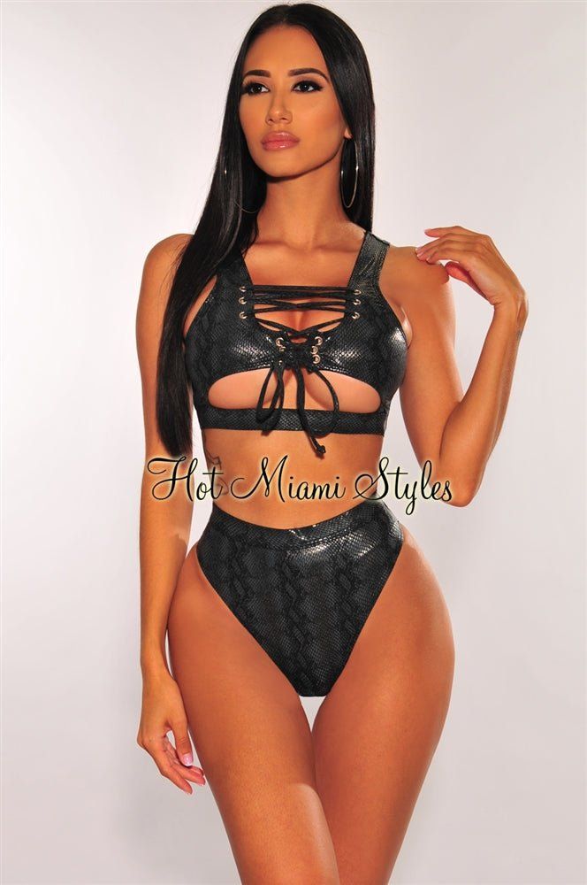 Black Snake Lace Up Underboob High Waist Bikini sold by Hot Miami Styles
