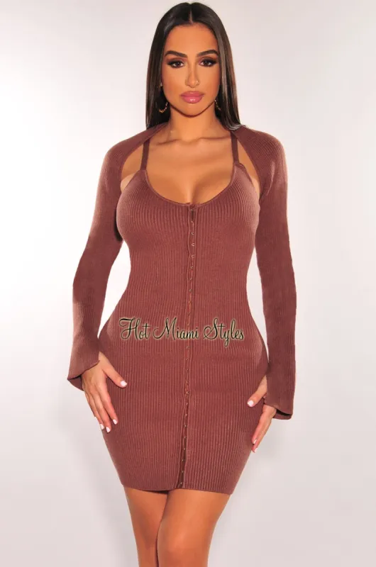 Chocolate Ribbed Knit Spaghetti Straps Mini Dress + Shrug Jacket sold by Hot Miami Styles
