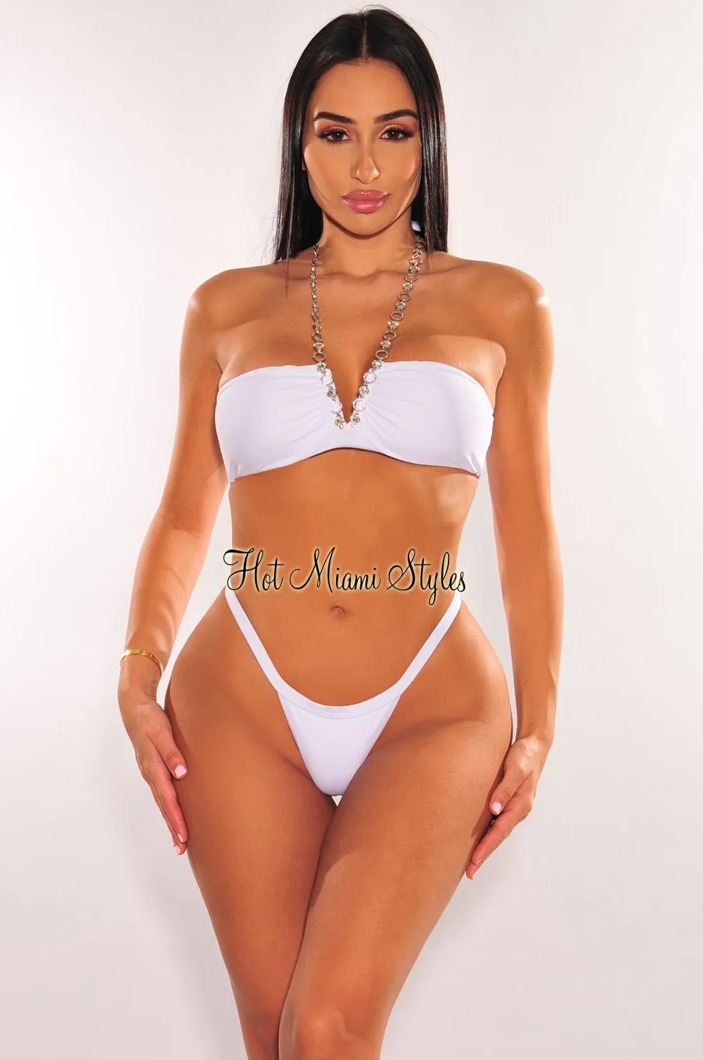 White Halter Jeweled Chain Bikini Skirt Three Piece Set sold by Hot Miami Styles product image thumbnail 3