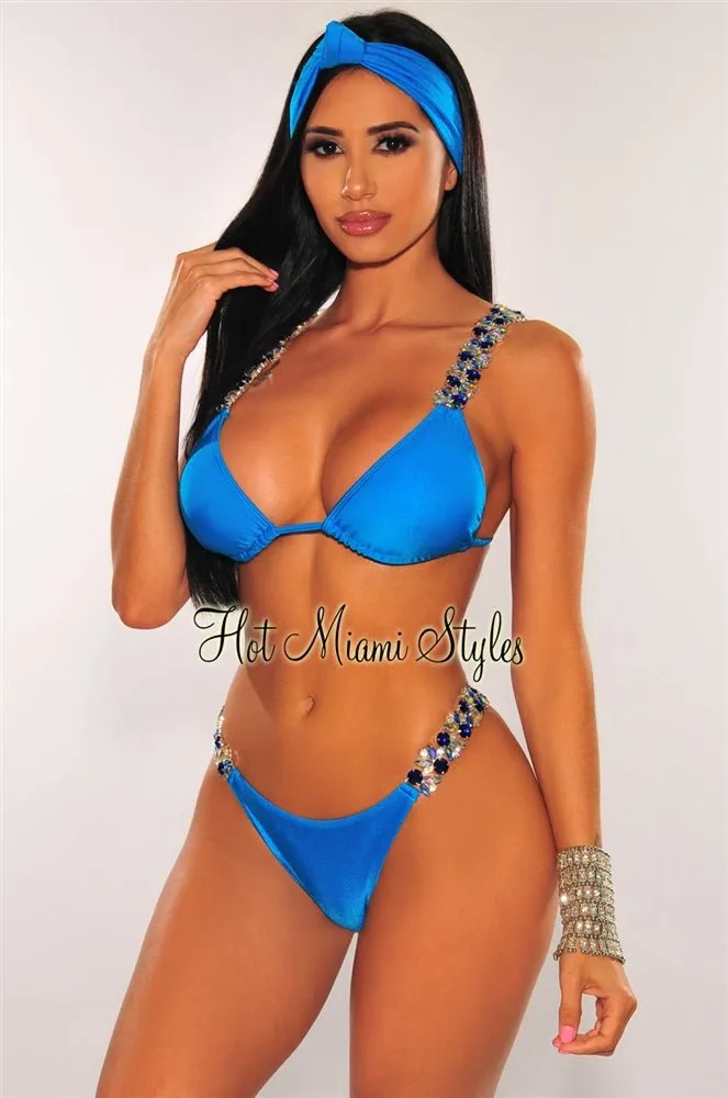 Aqua Jeweled Tie Up Padded Bikini Bottom sold by Hot Miami Styles product image thumbnail 2