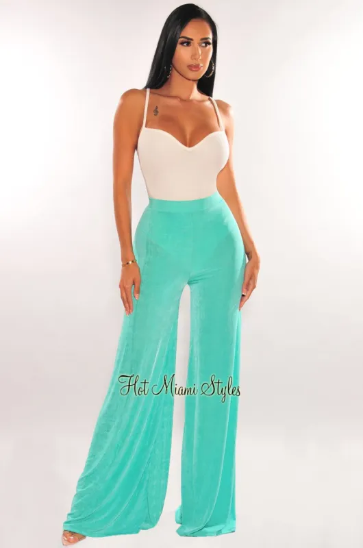 Jade Ribbed Shimmery High Waist Palazzo Pants sold by Hot Miami Styles