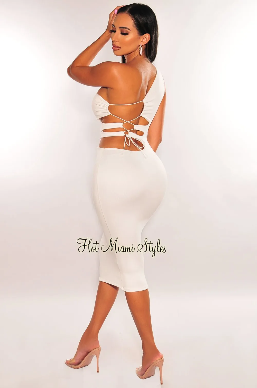White One Shoulder Cut Out Lace Up Back Midi Dress sold by Hot Miami Styles