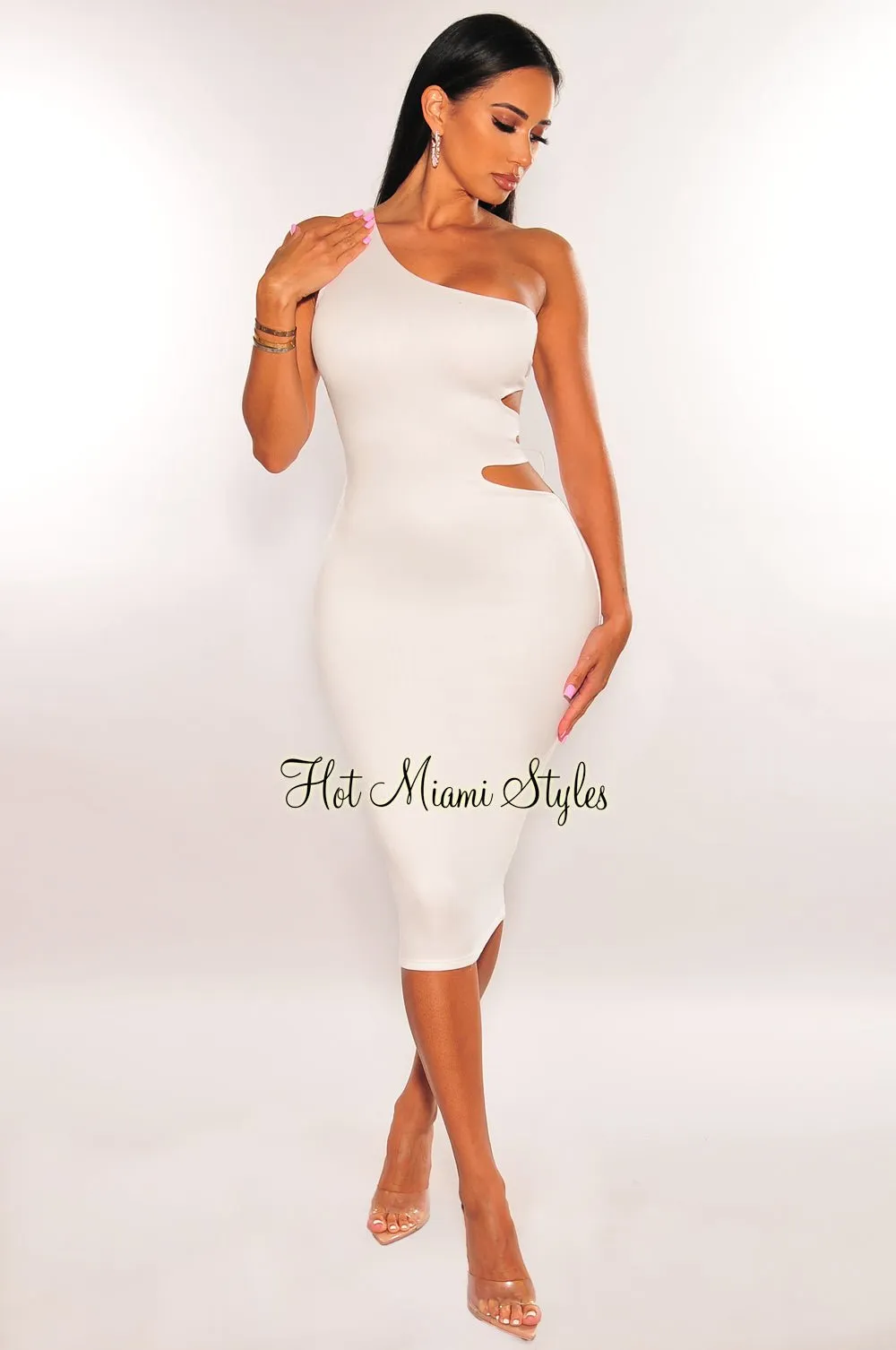 White One Shoulder Cut Out Lace Up Back Midi Dress sold by Hot Miami Styles product image thumbnail 2