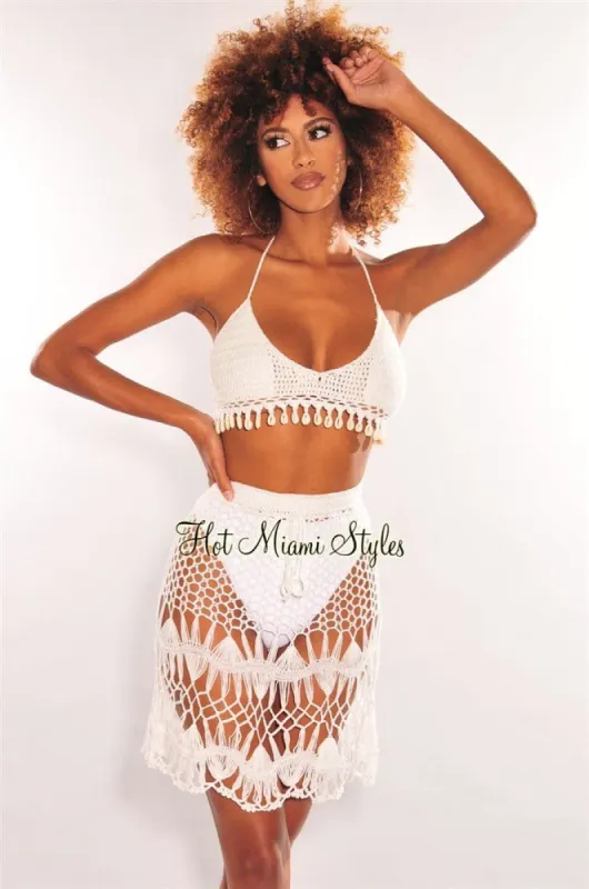 White Crochet Halter Cowrie Shells Skirt Two Piece Set Cover Up sold by Hot Miami Styles