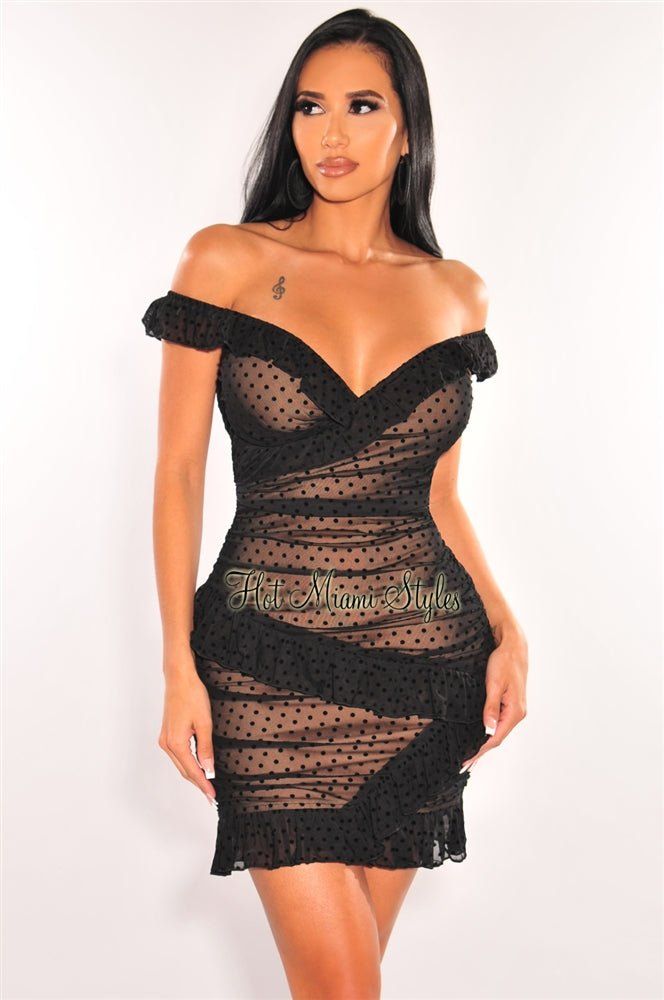 Black Mesh Nude Illusion Polka Dot Off Shoulder Ruffle Dress sold by Hot Miami Styles