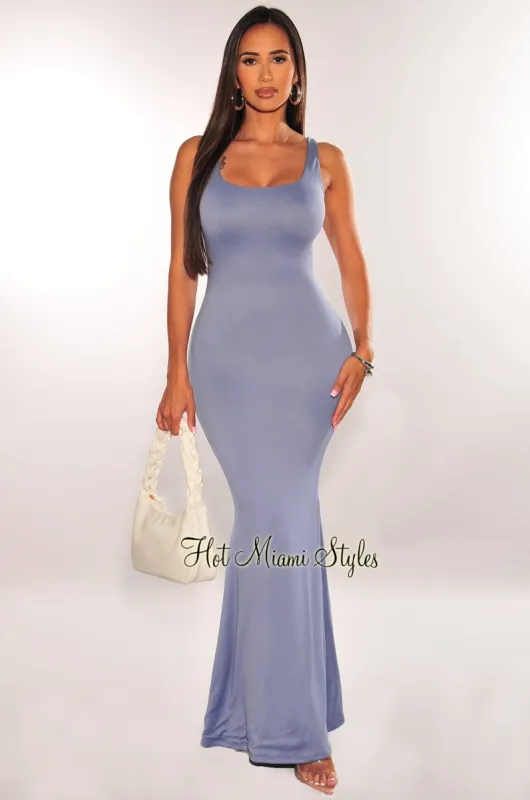 Dusty Blue Sleeveless Mermaid Maxi Dress sold by Hot Miami Styles