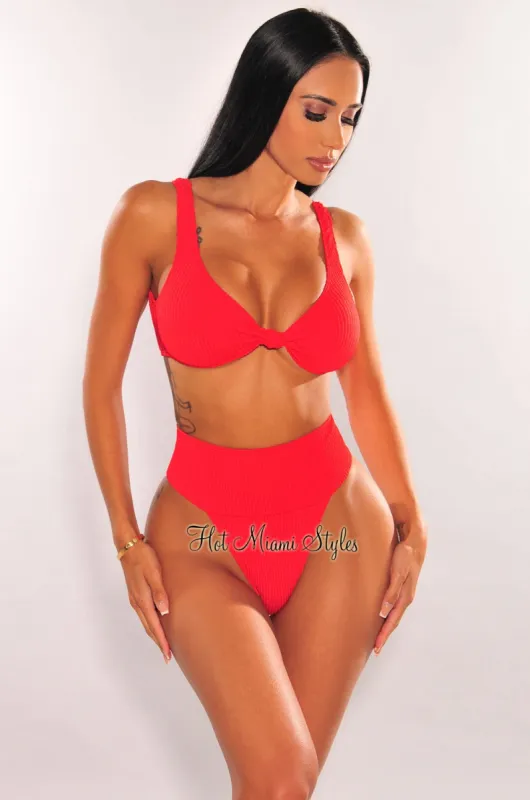 Red Textured Knotted High Rise Bikini sold by Hot Miami Styles