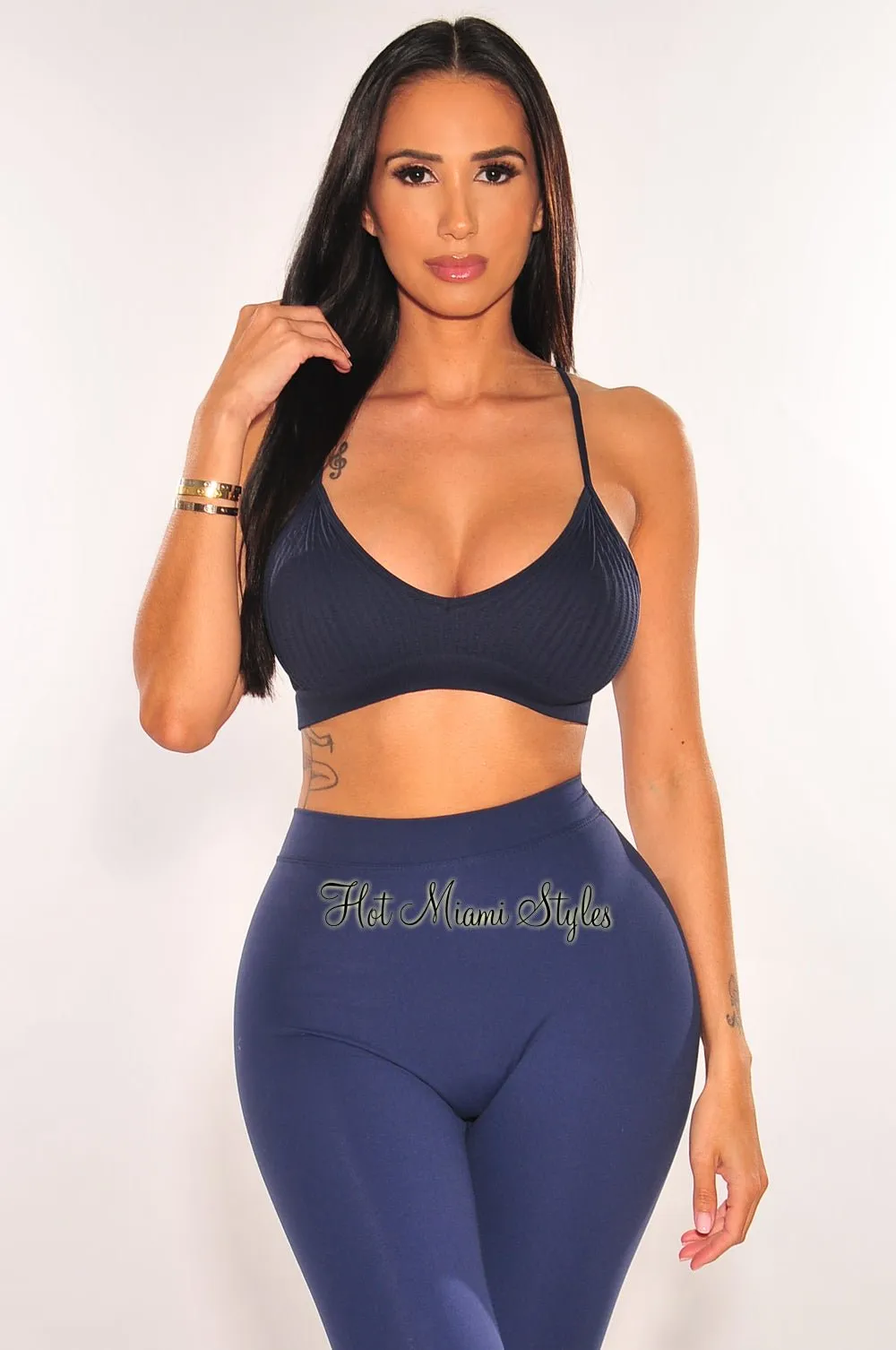 Navy Ribbed Seamless Spaghetti Straps V Neck Crop Top sold by Hot Miami Styles