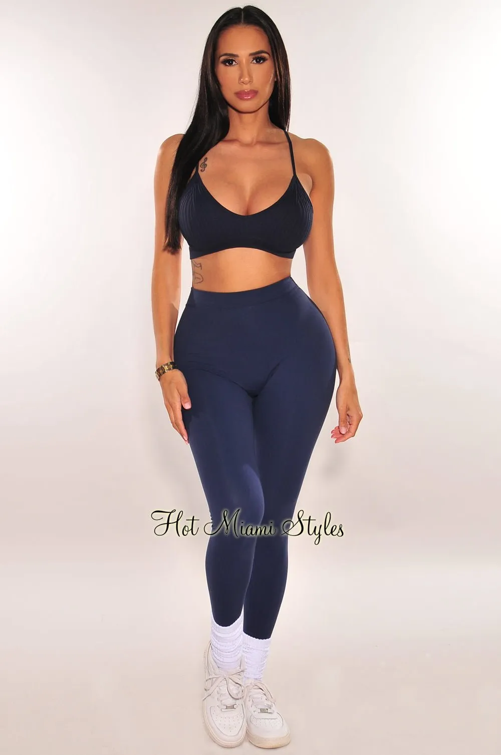 Navy Ribbed Seamless Spaghetti Straps V Neck Crop Top sold by Hot Miami Styles product image thumbnail 3