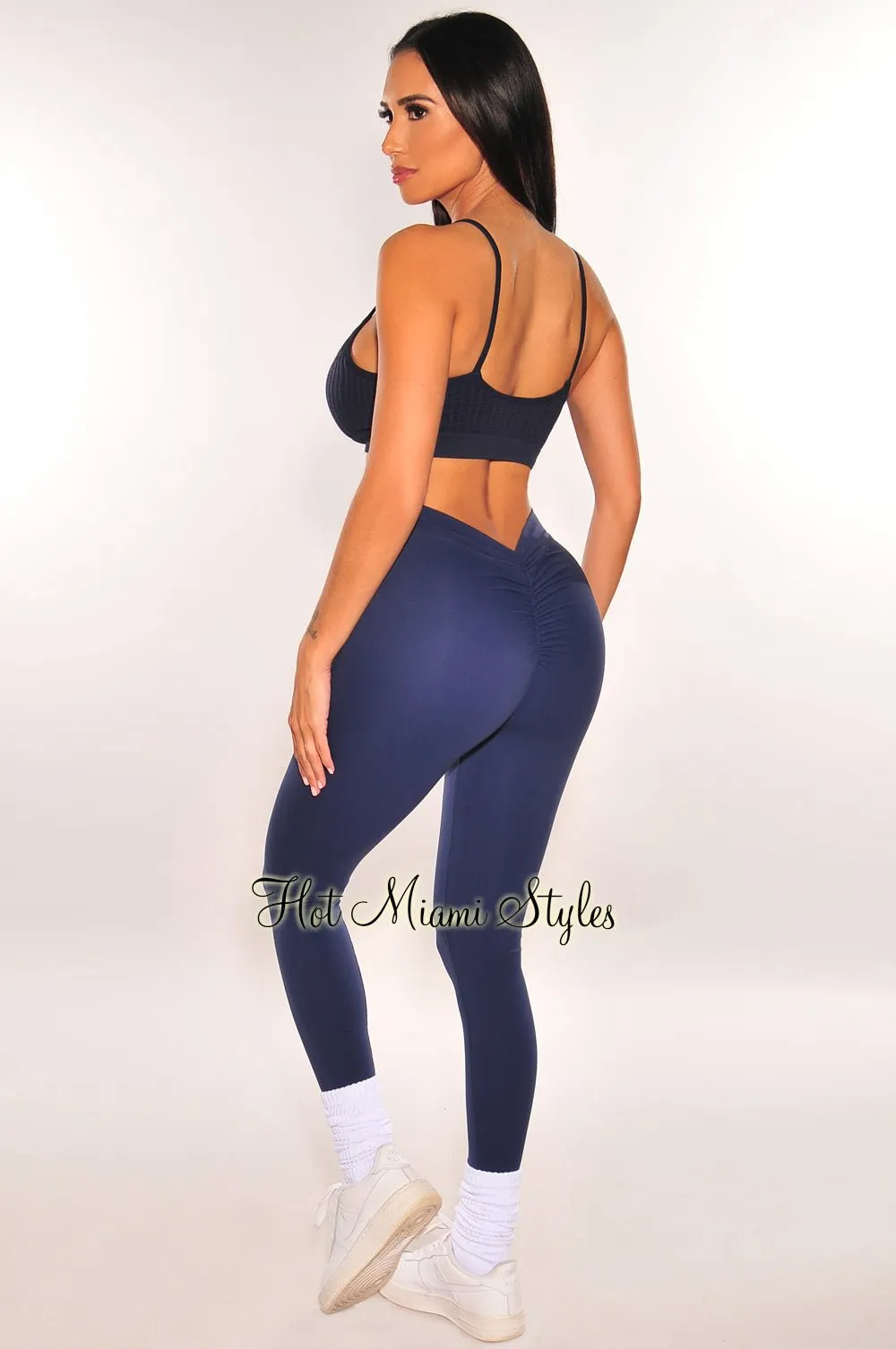 Navy Ribbed Seamless Spaghetti Straps V Neck Crop Top sold by Hot Miami Styles product image thumbnail 4