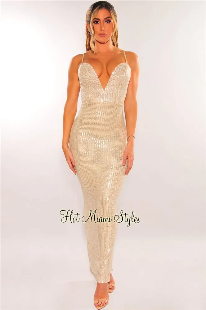 Champagne Silver Sequins Spaghetti Strap Sweetheart Maxi Dress sold by Hot Miami Styles