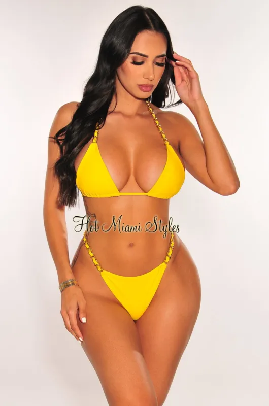 Yellow Gold Chain Halter Triangle Top Bikini Bottom sold by Hot Miami Styles
