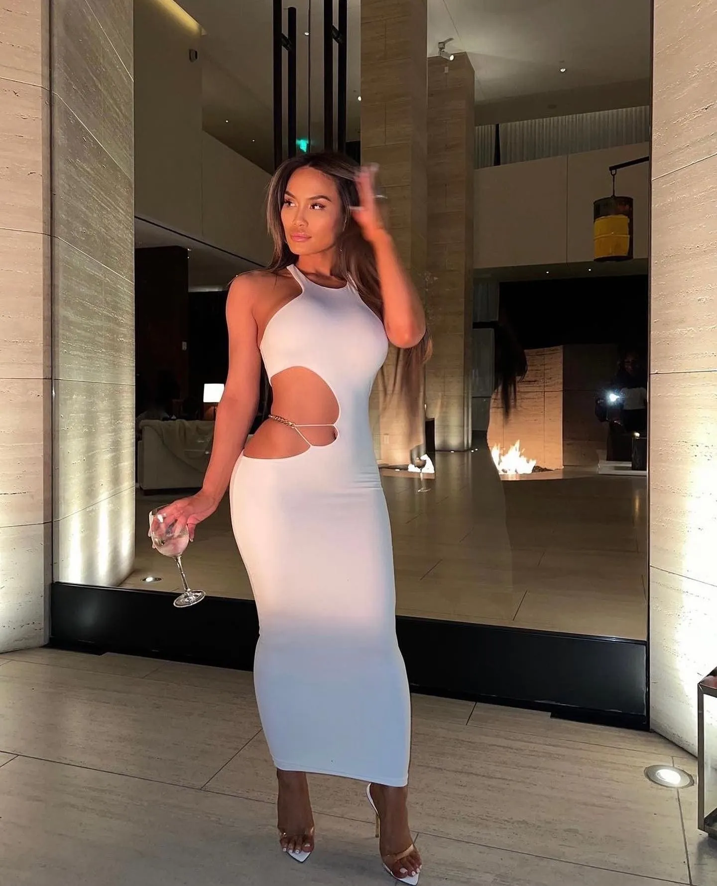 White Sleeveless Gold Chain Cut Out Midi Dress sold by Hot Miami Styles product image thumbnail 3