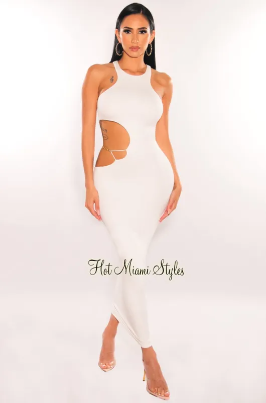 White Sleeveless Gold Chain Cut Out Midi Dress sold by Hot Miami Styles