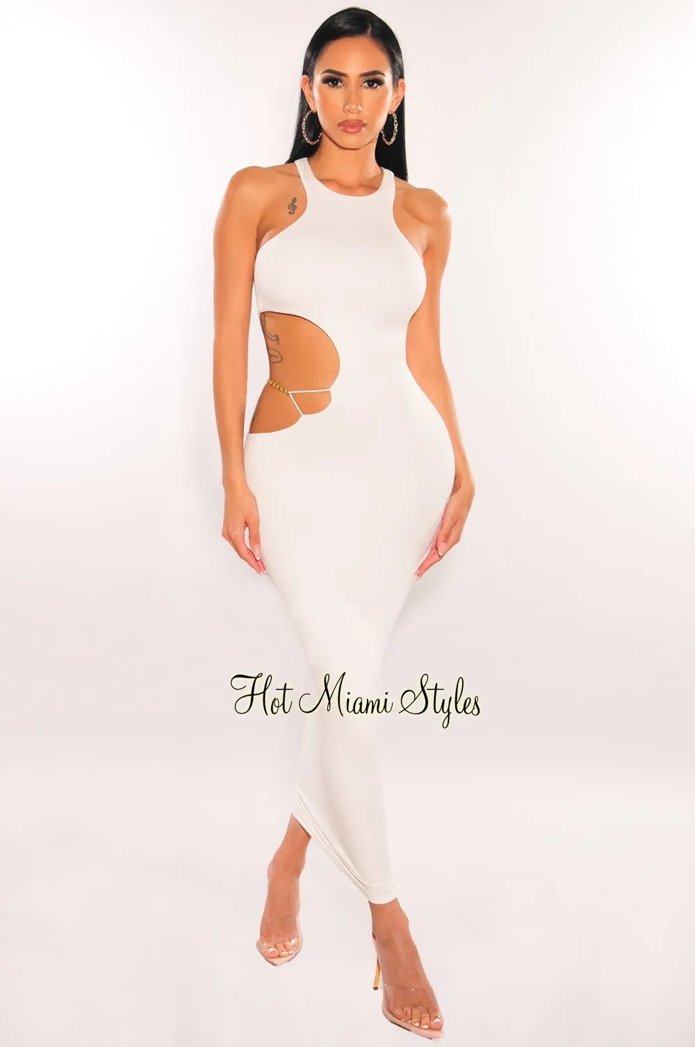 White Sleeveless Gold Chain Cut Out Midi Dress sold by Hot Miami Styles
