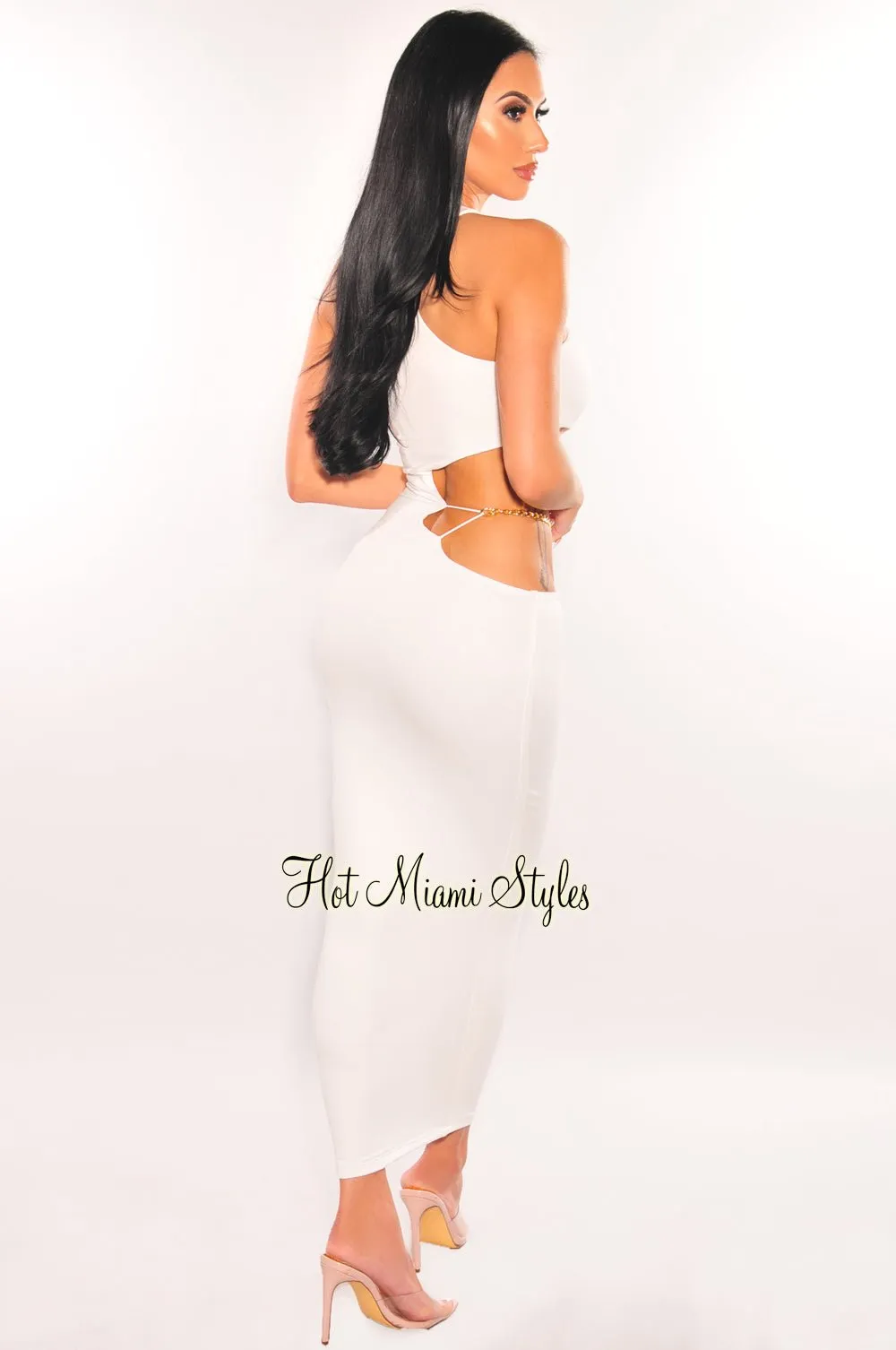 White Sleeveless Gold Chain Cut Out Midi Dress sold by Hot Miami Styles product image thumbnail 2