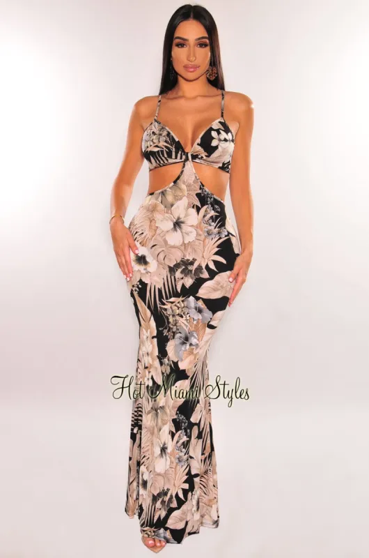Black Multi Color Tropical Print Spaghetti Straps Cut Out Maxi Dress sold by Hot Miami Styles