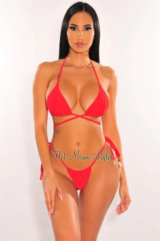 Red Padded Halter Wrap Around Tie Up Shells Bikini sold by Hot Miami Styles