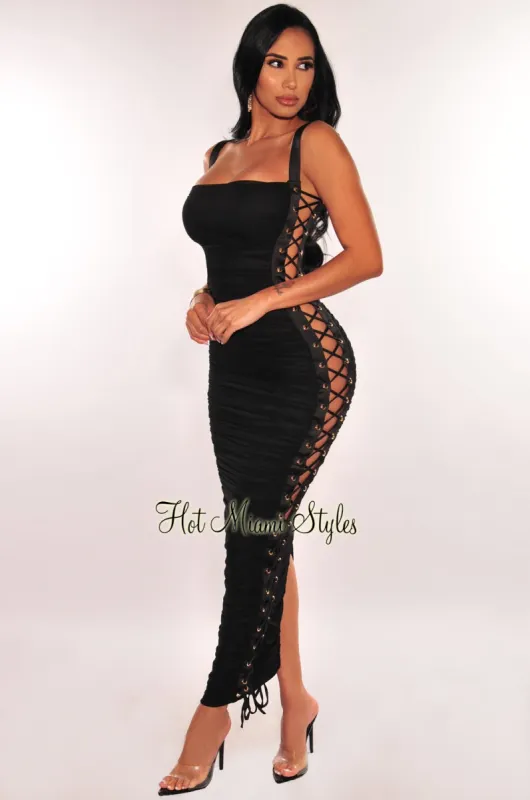 Black Mesh Spaghetti Strap Lace Up Sides Ruched Dress sold by Hot Miami Styles