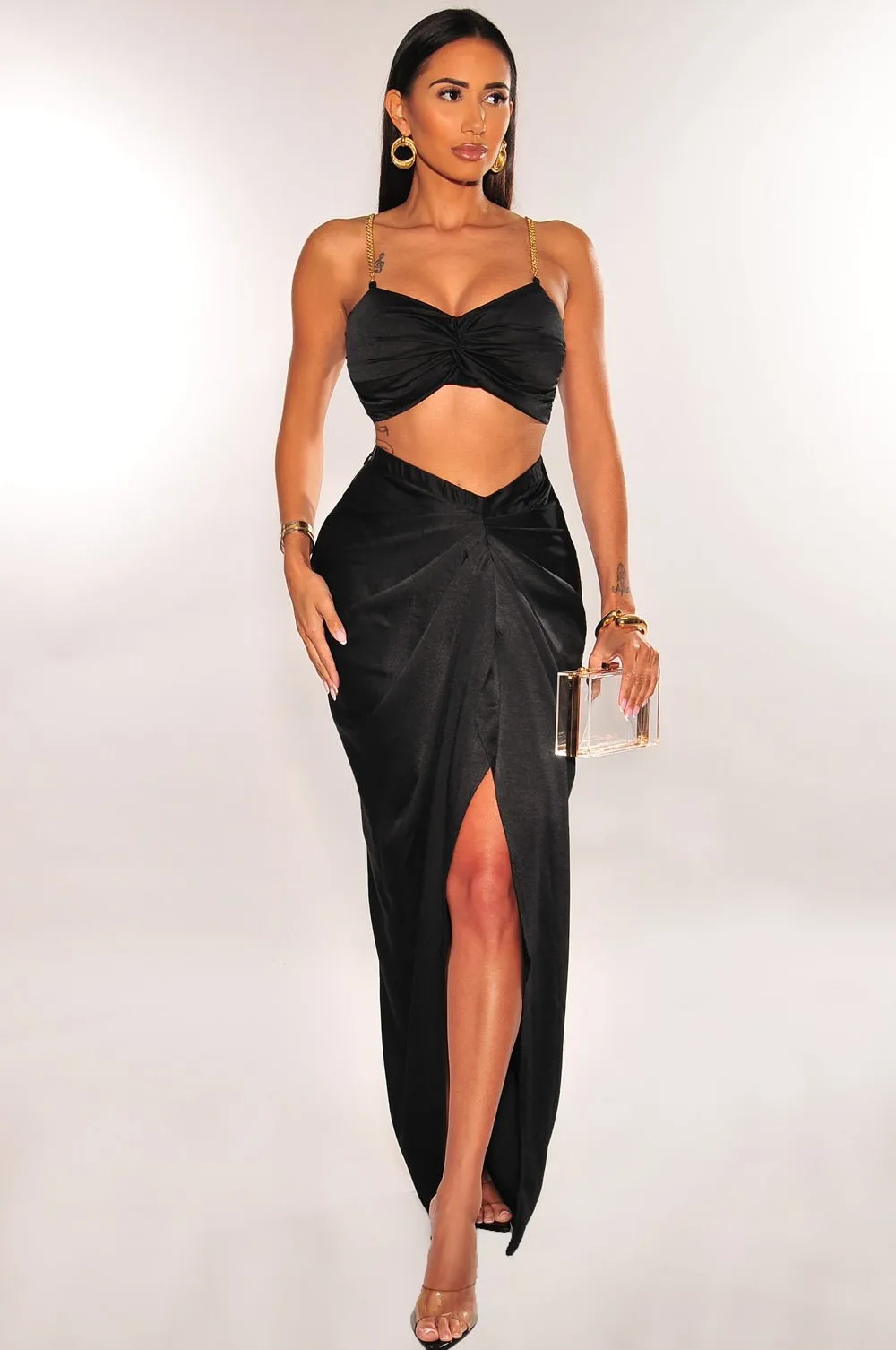 Black Gold Chain Padded Knotted Slit Skirt Two Piece Set sold by Hot Miami Styles