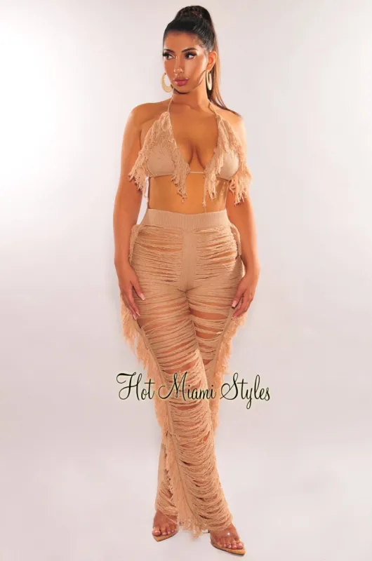 Nude Knit Halter Triangle Top Fringe Ladder Cut Pants Two Piece Set sold by Hot Miami Styles