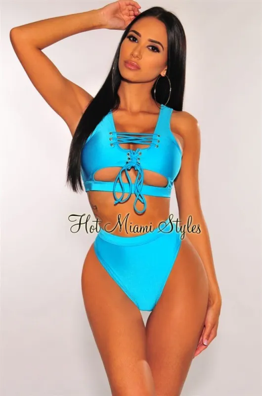 Aqua Lace Up Underboob High Waist Bikini Bottom sold by Hot Miami Styles