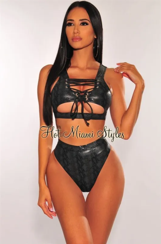 Black Snake Lace Up Underboob High Waist Bikini Top sold by Hot Miami Styles