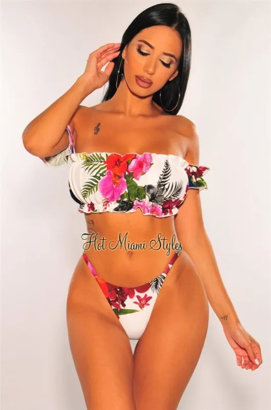 Off White Floral Print Off Shoulder Ruffle Scrunch Butt Bikini Top sold by Hot Miami Styles