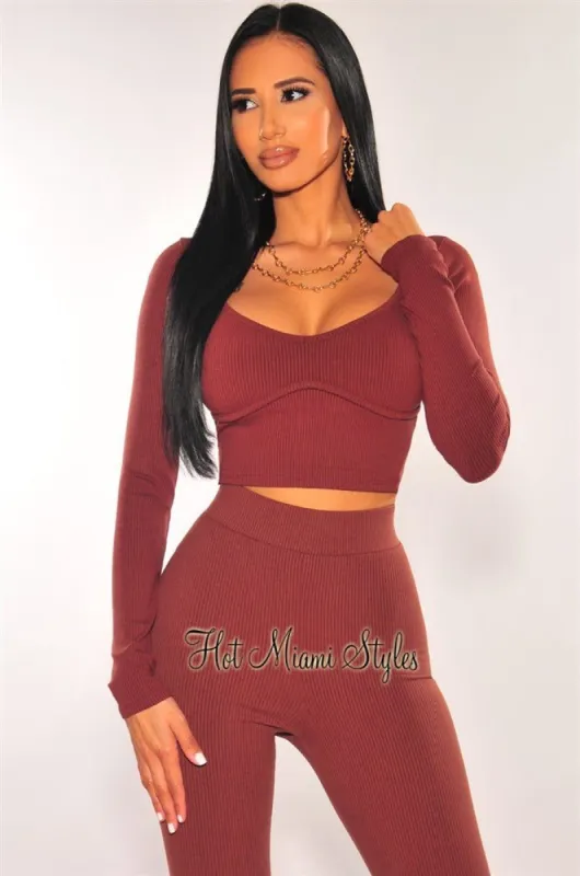 Chocolate Ribbed Knit Faux Bustier Long Sleeves Crop Top sold by Hot Miami Styles