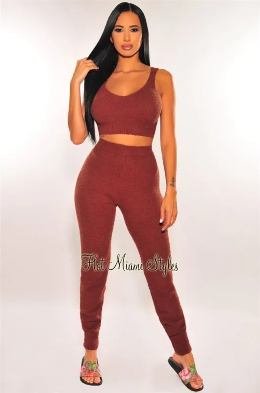 HMS Lounge: Chocolate Brown Fuzzy Tank High Waist Jogger Pants Two Piece Set sold by Hot Miami Styles