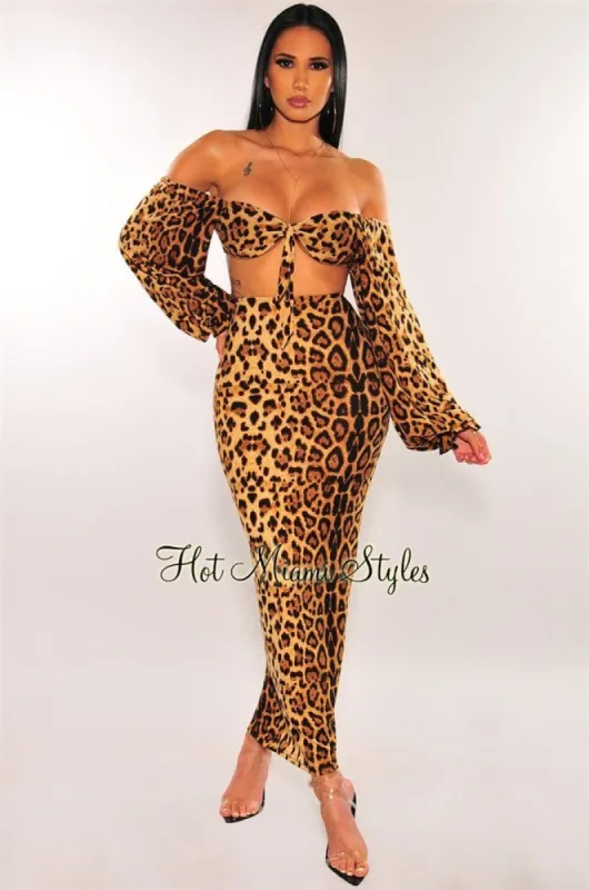 Leopard Print Off Shoulder Long Sleeves Skirt Two Piece Set sold by Hot Miami Styles