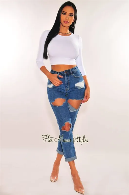 Dark Denim Destroyed High Waist Mom Jeans sold by Hot Miami Styles