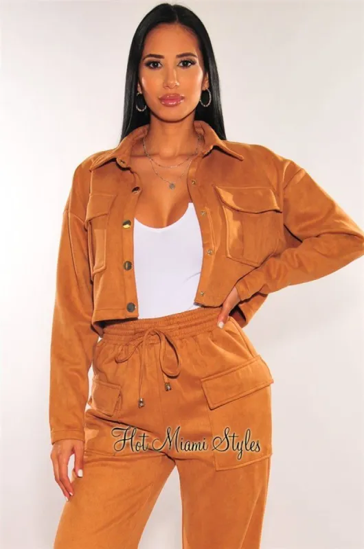 Caramel Faux Suede Collared Button Up Cropped Jacket sold by Hot Miami Styles