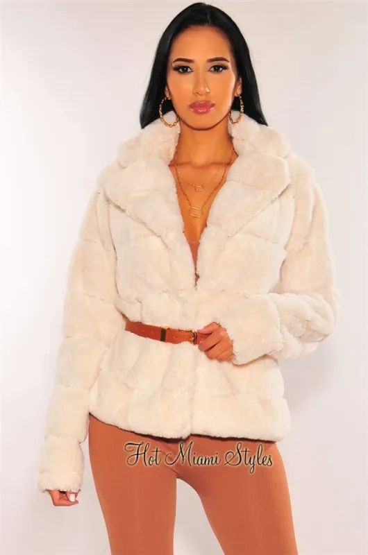 Cream Collared Faux Fur Belted Jacket sold by Hot Miami Styles