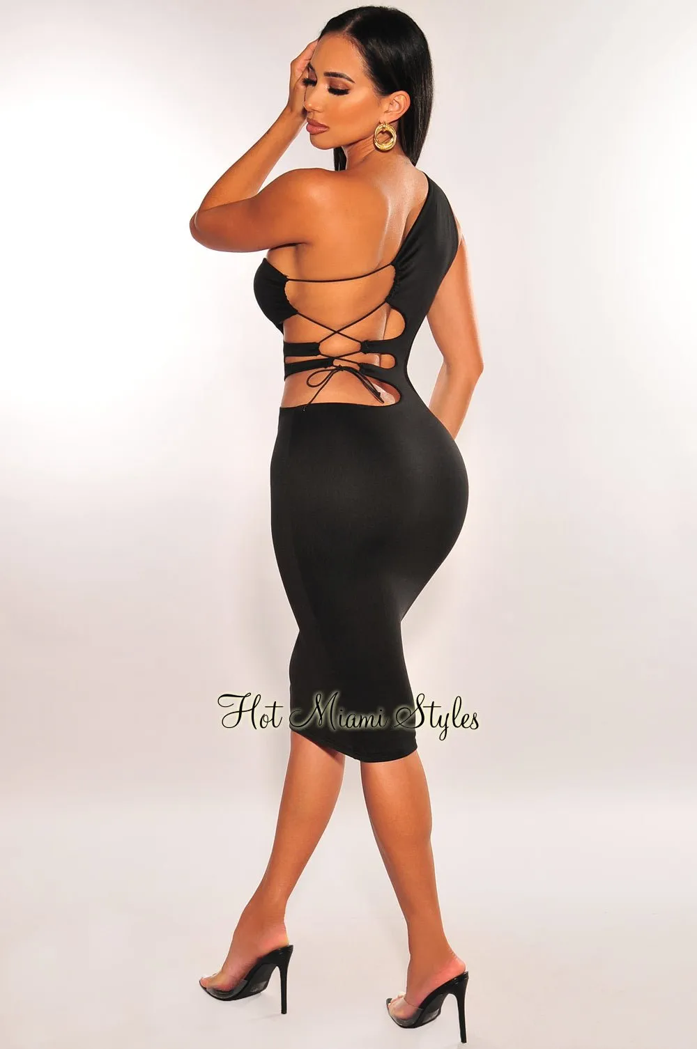 Black One Shoulder Cut Out Lace Up Back Midi Dress sold by Hot Miami Styles