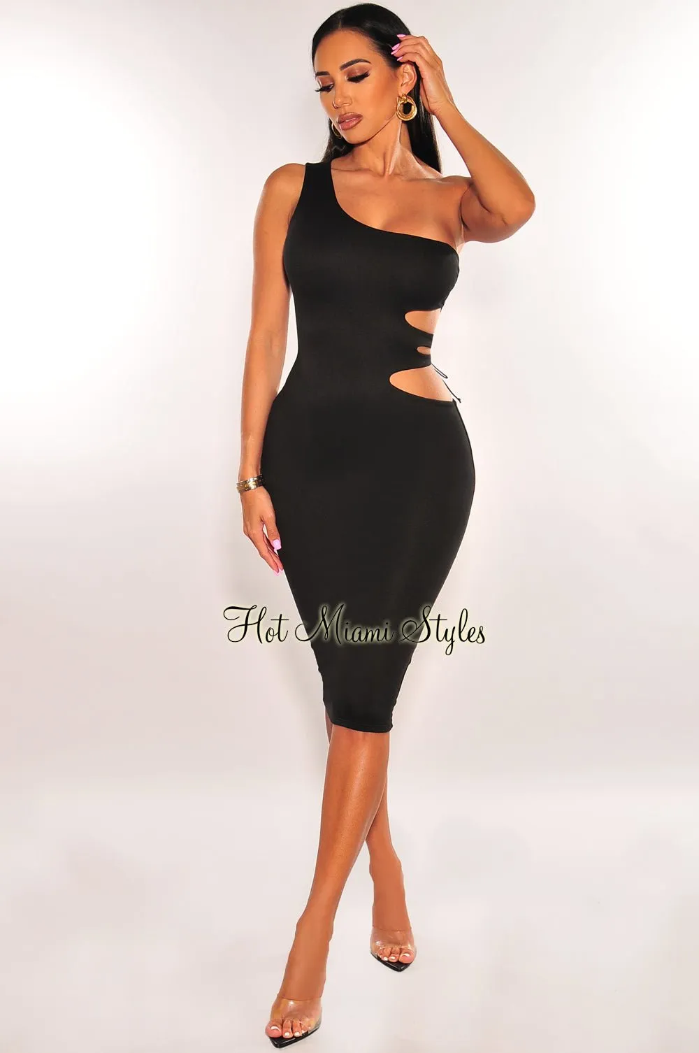 Black One Shoulder Cut Out Lace Up Back Midi Dress sold by Hot Miami Styles product image thumbnail 2