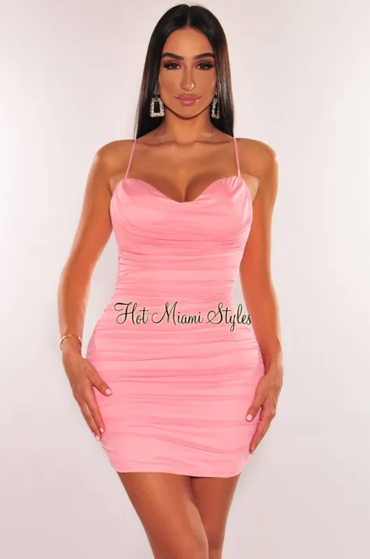 Pink Mesh Drape Padded Spaghetti Strap Ruched Mini Dress sold by Hot Miami Styles