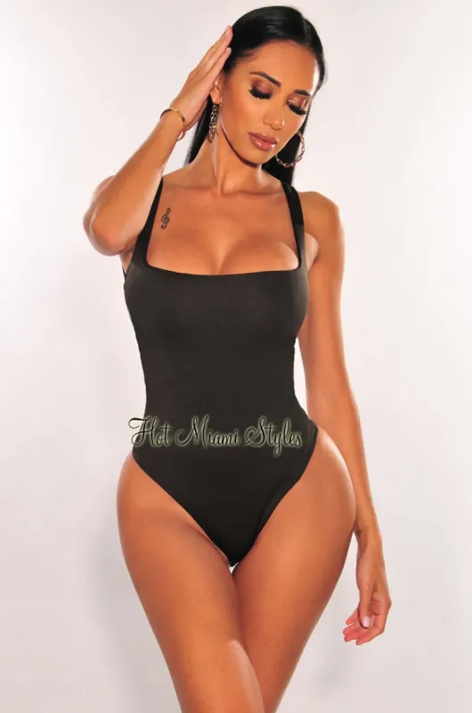 Black Silky Sleeveless Square Neck Bodysuit sold by Hot Miami Styles