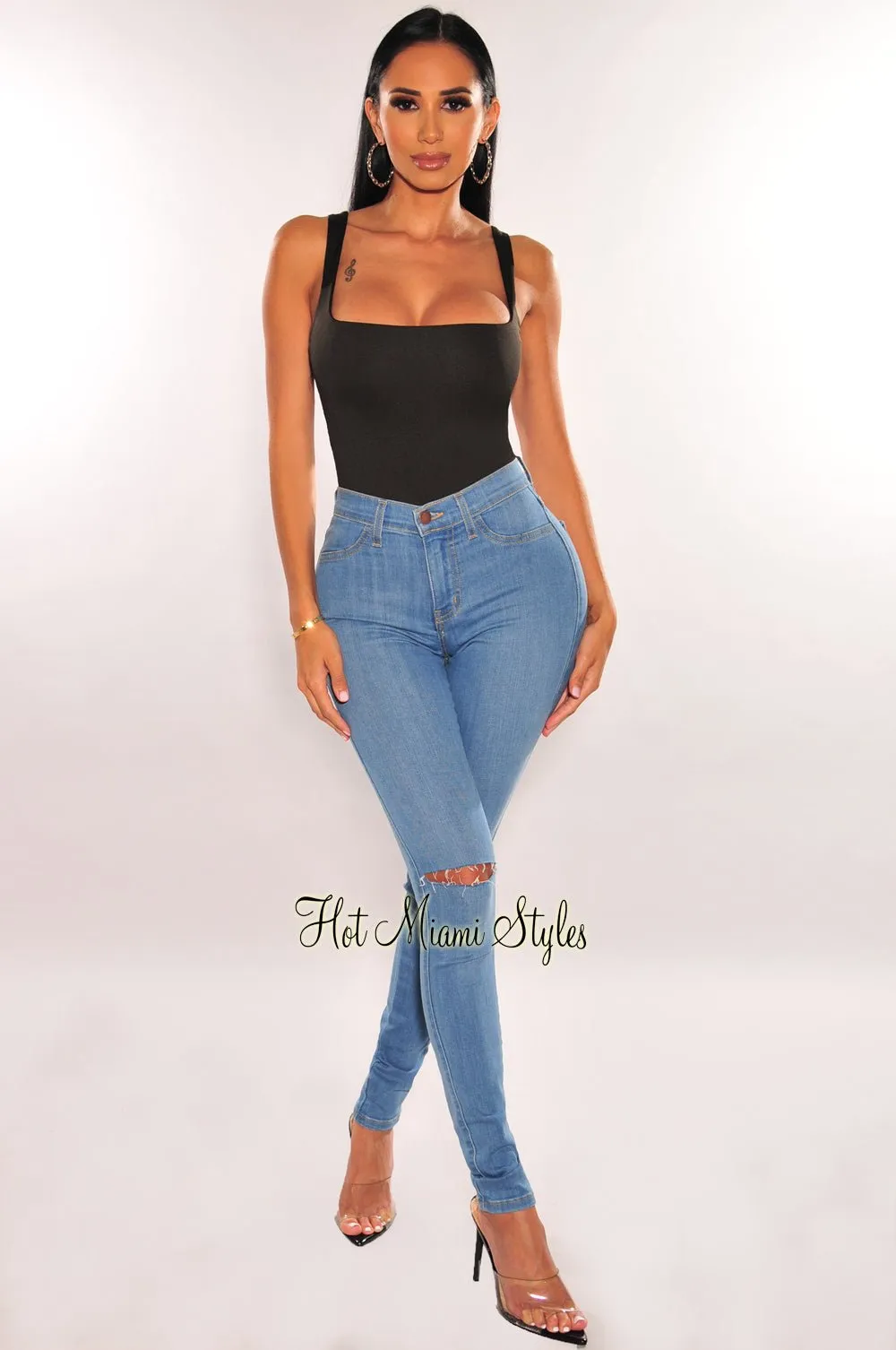 Black Silky Sleeveless Square Neck Bodysuit sold by Hot Miami Styles product image thumbnail 3
