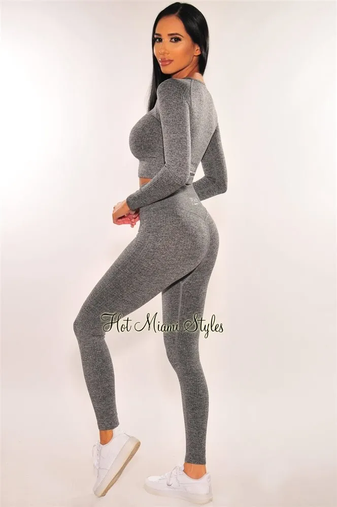 HMS Fit: Gray Marl Ribbed Seamless Long Sleeves Leggings Two Piece Set sold by Hot Miami Styles product image thumbnail 2