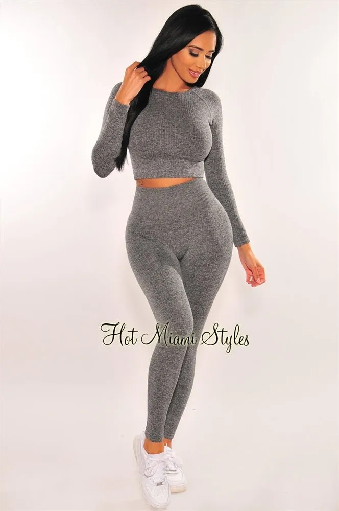 HMS Fit: Gray Marl Ribbed Seamless Long Sleeves Leggings Two Piece Set sold by Hot Miami Styles