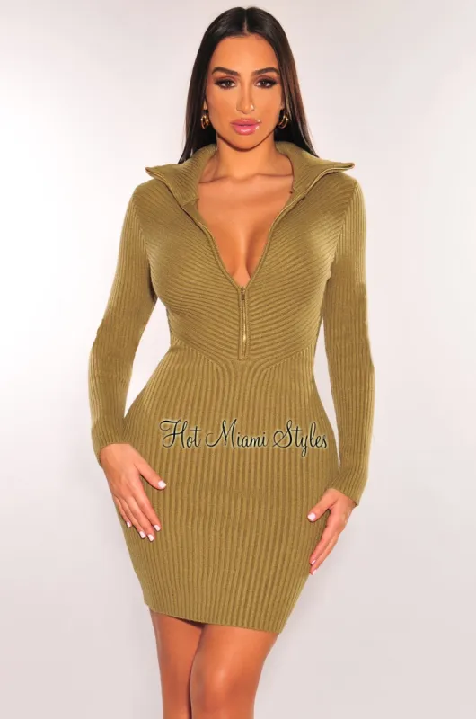 Olive Ribbed Knit Collared Zipper Long Sleeve Sweater Dress sold by Hot Miami Styles