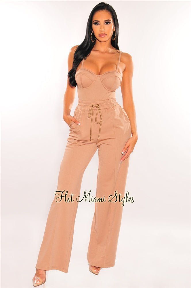 Mocha Padded Bustier Bodysuit Drawstring Palazzo Pants Two Piece Set sold by Hot Miami Styles