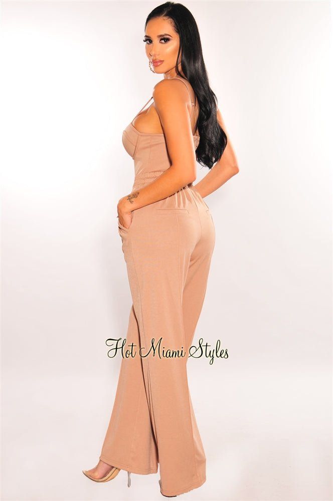 Mocha Padded Bustier Bodysuit Drawstring Palazzo Pants Two Piece Set sold by Hot Miami Styles product image thumbnail 2