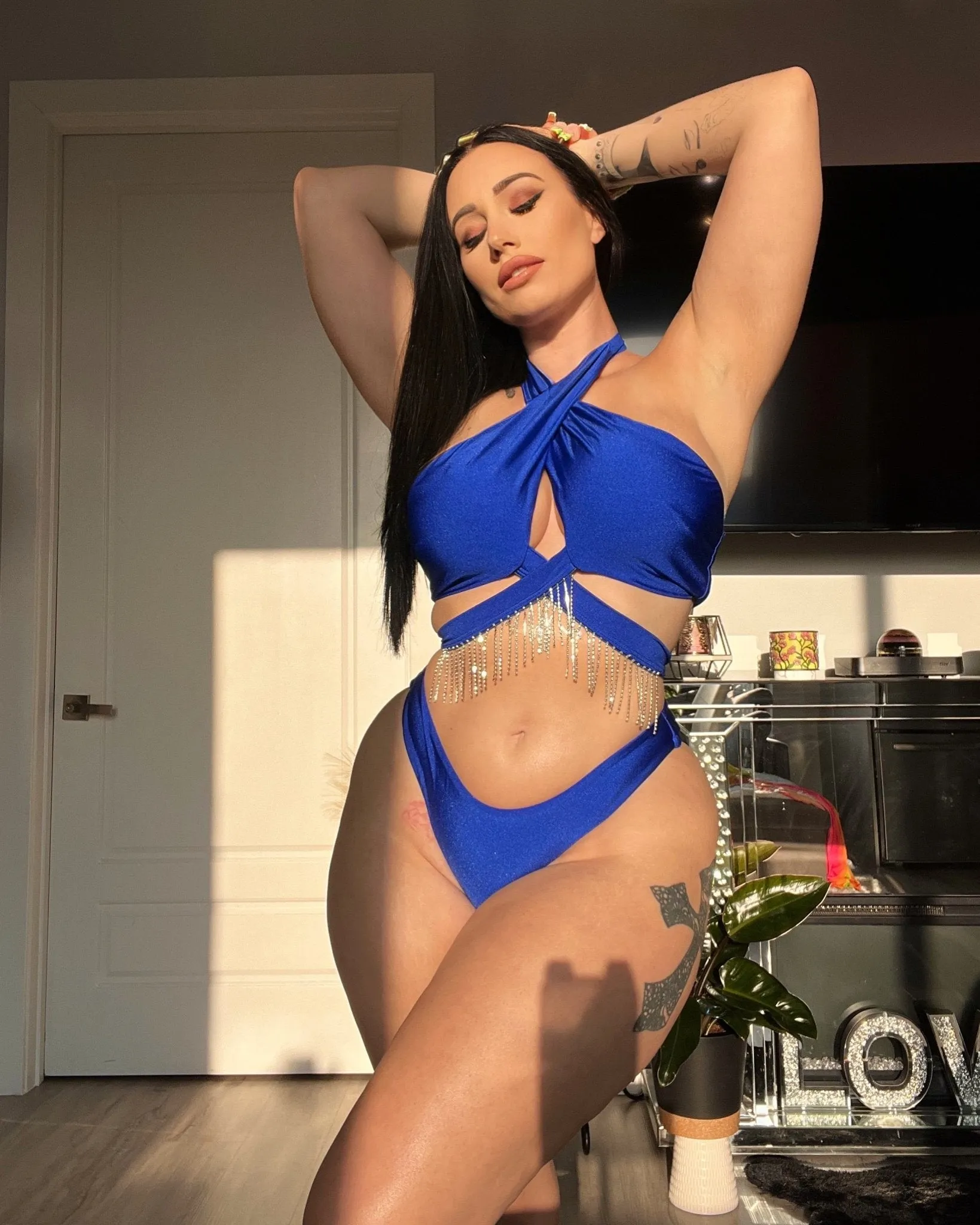 Royal Blue CrissCross Fringe Rhinestone Wrap Around Scrunch Butt Bikini sold by Hot Miami Styles product image thumbnail 3