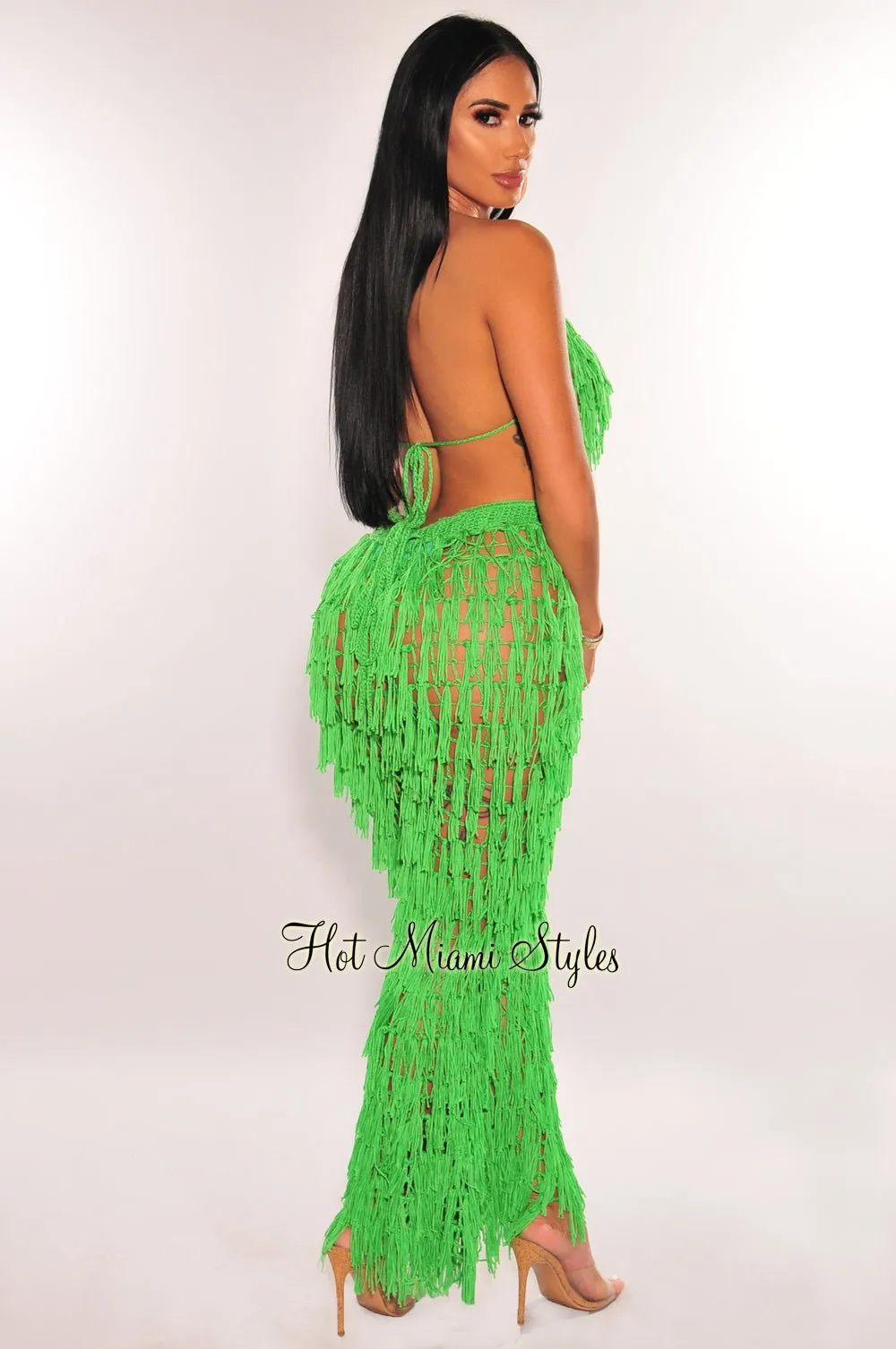 Kelly Green Crochet Halter Fringe Pants Two Piece Set Cover Up sold by Hot Miami Styles product image thumbnail 2