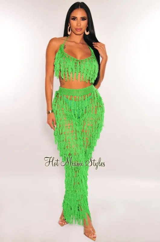 Kelly Green Crochet Halter Fringe Pants Two Piece Set Cover Up sold by Hot Miami Styles