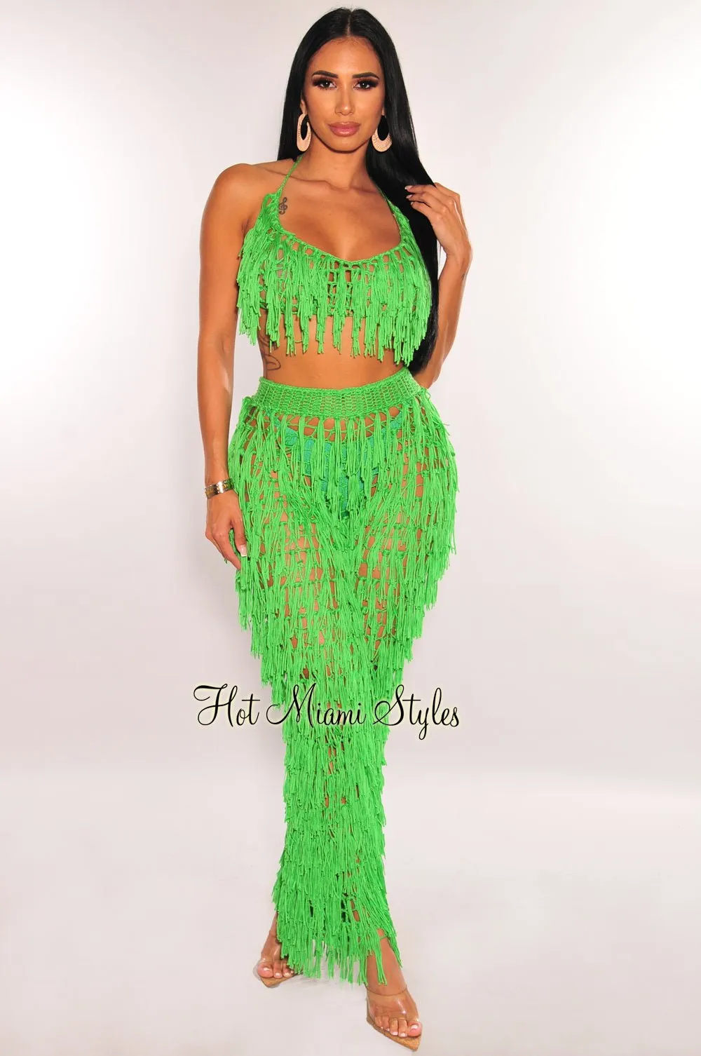 Kelly Green Crochet Halter Fringe Pants Two Piece Set Cover Up sold by Hot Miami Styles