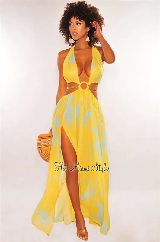 Yellow Print O-Ring Cut Out Gold Belted Double Slit Maxi Dress sold by Hot Miami Styles