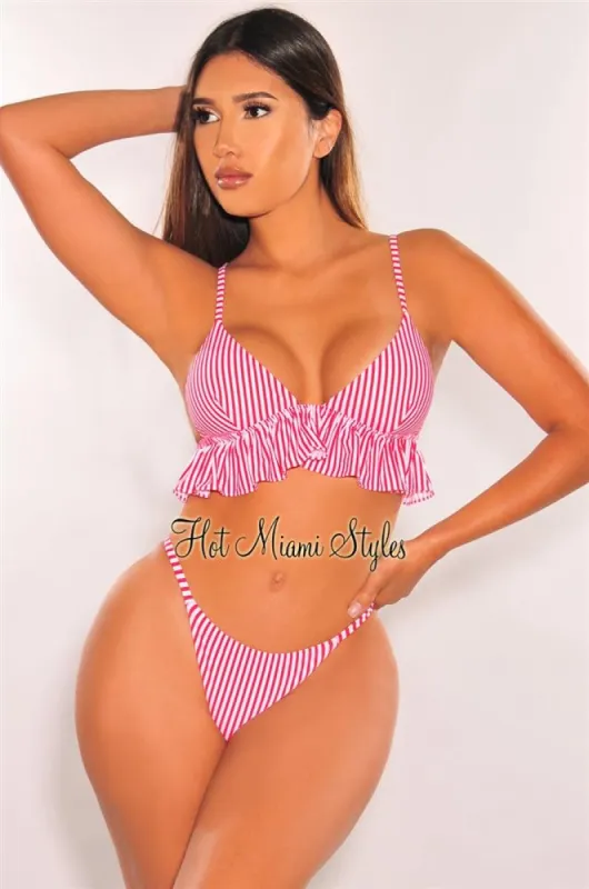 Red Stripes Padded Ruffle Scrunch Butt Bikini Bottom sold by Hot Miami Styles